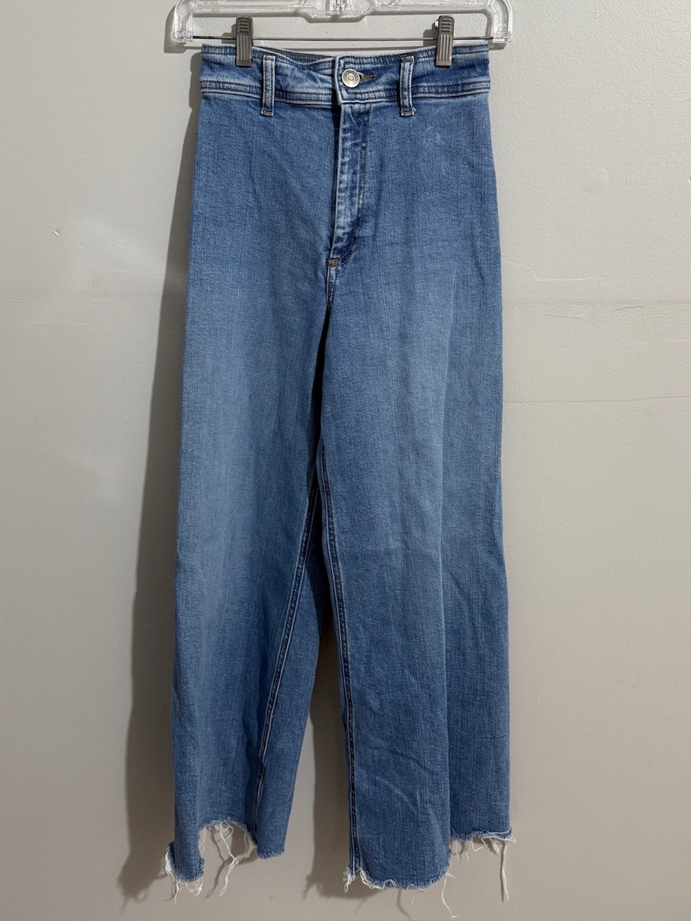 Zara Jeans Womens 2 High Rise Wide Leg Cropped Raw Hem Patch Pocket Blue Marine